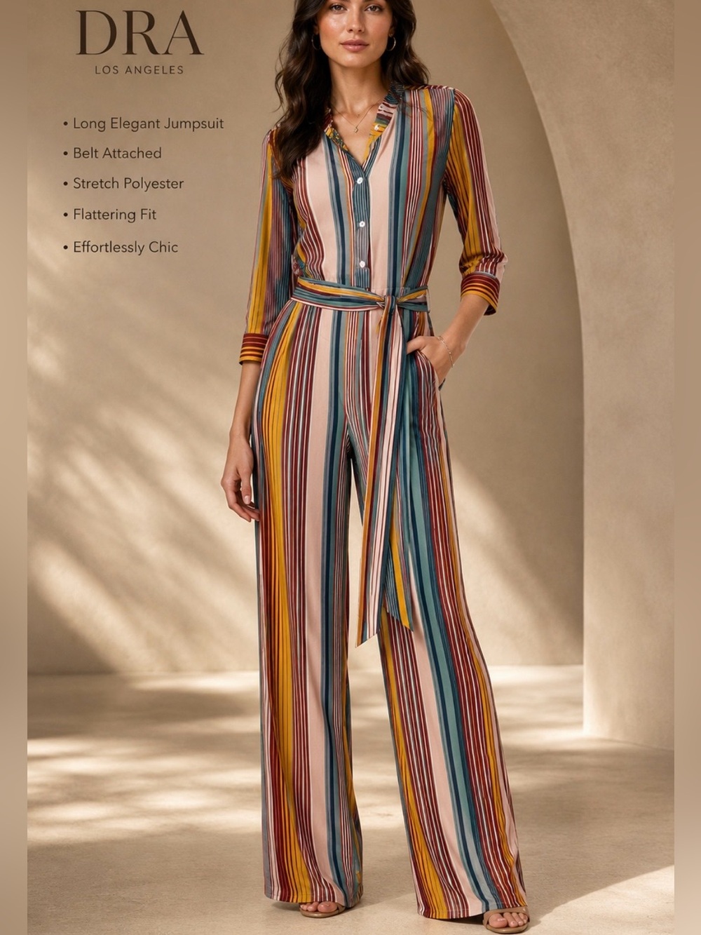 dRA Los Angeles Multicolor Vertical Stripe Long Jumpsuit with Belt